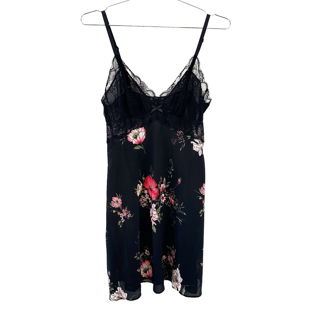 INC Floral Satin & Lace Robe and Babydoll Chemise Set • Medium • black pink - Picture 2 of 11